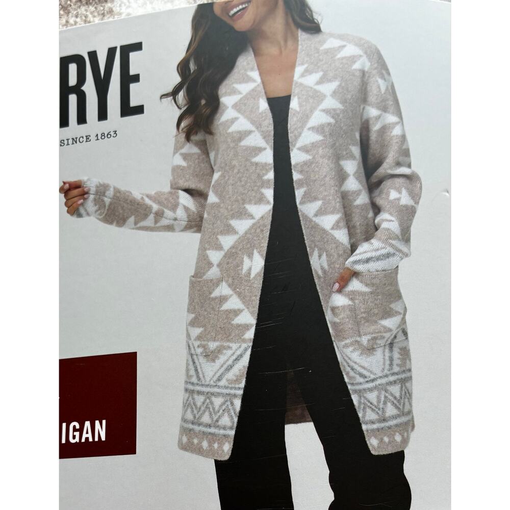 Frye Cozy Cardigan Southwestern Aztec Print Open Front NWT Tan White